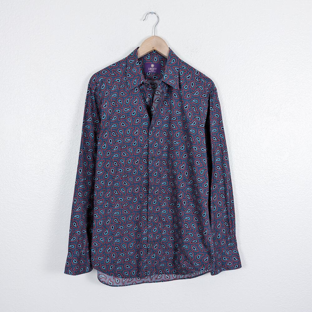 Liberty London Men's Button Down Shirt Paisley Print Blue Red 15 1/2